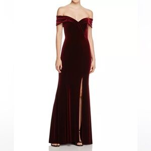 Avery G Burgundy Off the Shoulder Velvet Gown